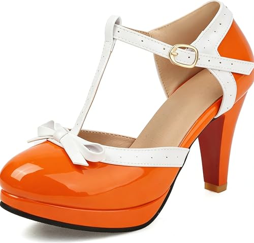 Image of ForeMode Fashion Women T-Strap High Heels Bow Platform Round Toe Pumps Leather Summer Sweet Shoes