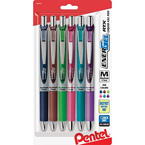 Stylos à encre gel Pentel EnerGel RTX lot de 6 pièces rétractables 0,7 mm couleurs assorties
