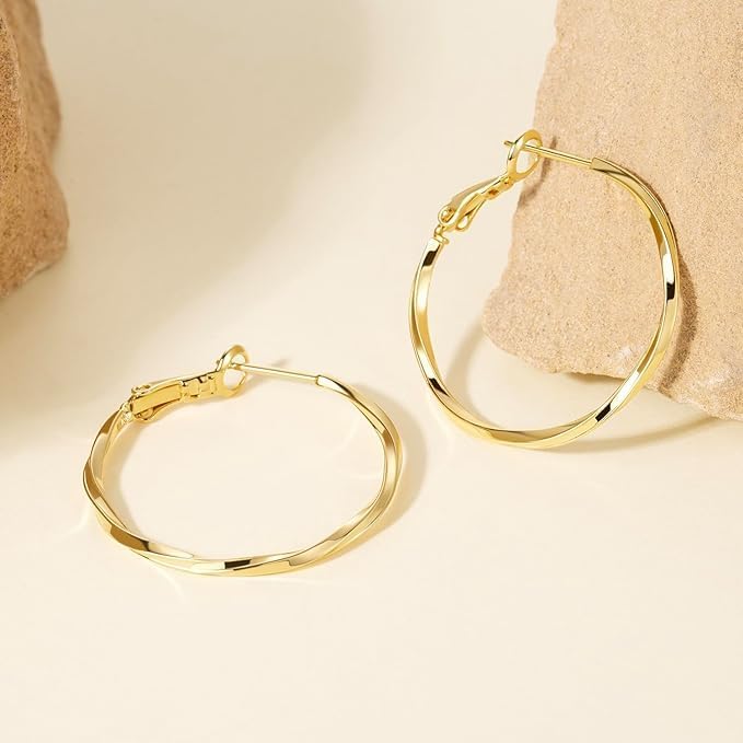 14K Gold Hoop Earrings for Women, Twisted Large Hoops, Trendy Dainty Thin Hypoallergenic Earrings (30mm*2mm)