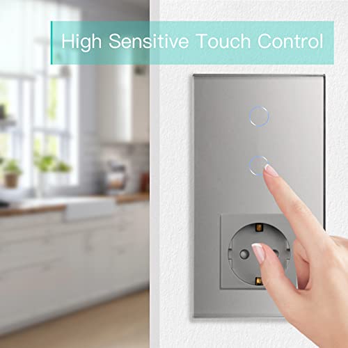 BSEED Touch Lichtschalter mit Steckdose 2 Fach 1 Weg Wandschalter mit LED Anzeige Unterputz Touchscreen-schalter mit Glasrahmen 157mm Grau 500W(Nicht Smart Schalter)