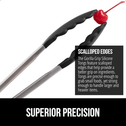 Image of GORILLA GRIP Stainless Steel Heat Resistant Kitchen Tongs for Cooking, 7 + 9 + 12 Inch Set of 3 BBQ Tong, Non Scratch Silicone Tip for Pans, Strong Grip, Grab Food, Toss Salad, Pull Lock, Black