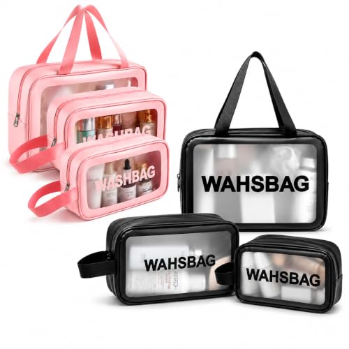Image of MELVIS Makeup Pouch Bag for Women | Travel Toiletry Organizer Set of 3 | Waterproof Cosmetic Wash Bag with Clear Window | Portable Travel Kit Carry Pouch (Pink + Black)