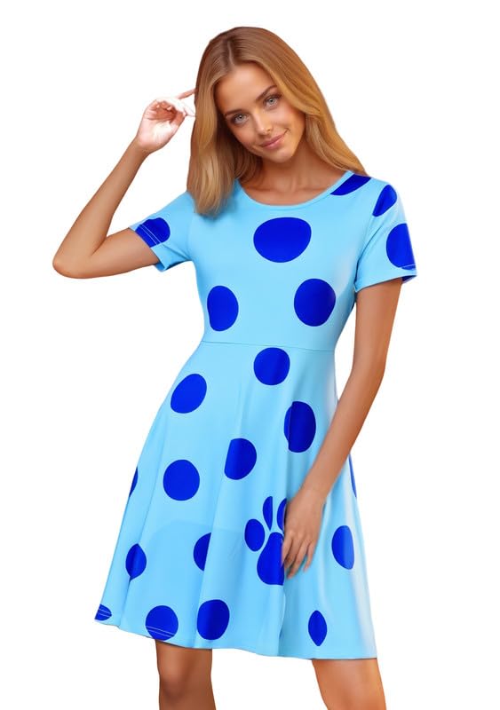 Halloween Womens Cosplay Dress Adult Funny Blue Dot Printed Clues Costume Short Sleeve Party Casual Knee Length Dress