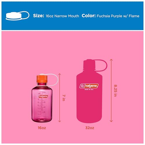 Image of Nalgene 16 oz Narrow Mouth Water Bottle, Thrill & Motion, Fuschia Purple w /Flame