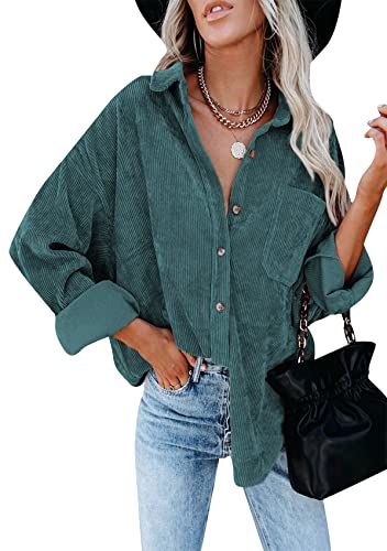 Yming Damen leichte Hemden Revers Button Down übergroße solide Bluse mit Taschen Grün L