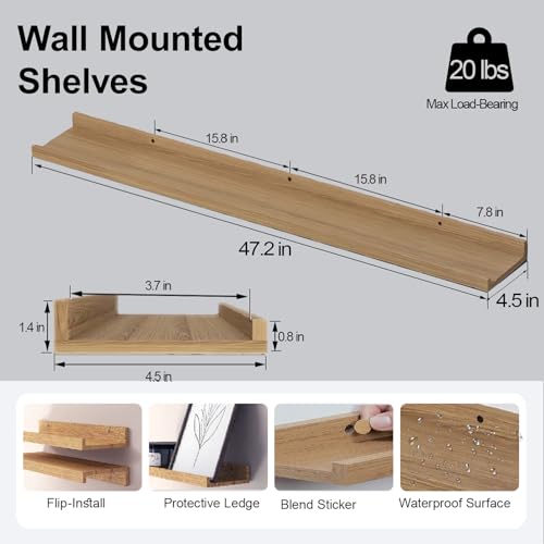 Image of Oak Floating Shelves for Wall Decor, 48 in Shelf with Lip, 2 Set