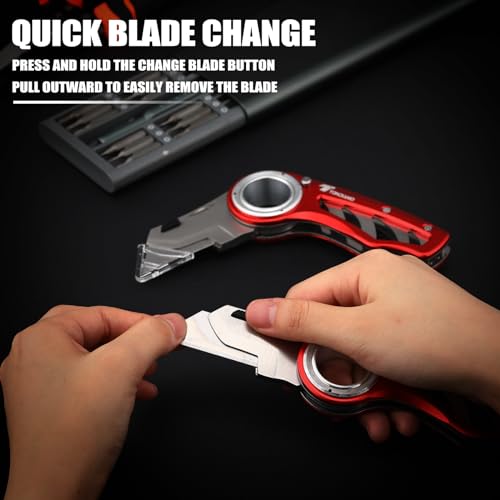 Image of Tondiamo 2 Pcs Folding Pocket Utility Knife Heavy Duty Box Cutter Folding Razor Knife with Anti Slip Finger Loop Easy Change Blades 3 Lock Positions Design (Red)