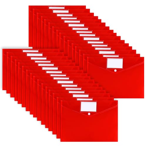30 Pcs Plastic Envelopes A4 Size Poly Envelopes Clear File Folders Work Document Holder Office Paper Plastic File Organizer with Label Pocket & Snap Button for School Home (Clear Red)