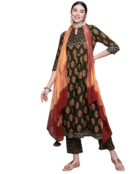 Image of anubhutee Women's Cotton Green Ethnic Motifs Printed Straight Kurta Suit Set With Palazzo And Dupatta