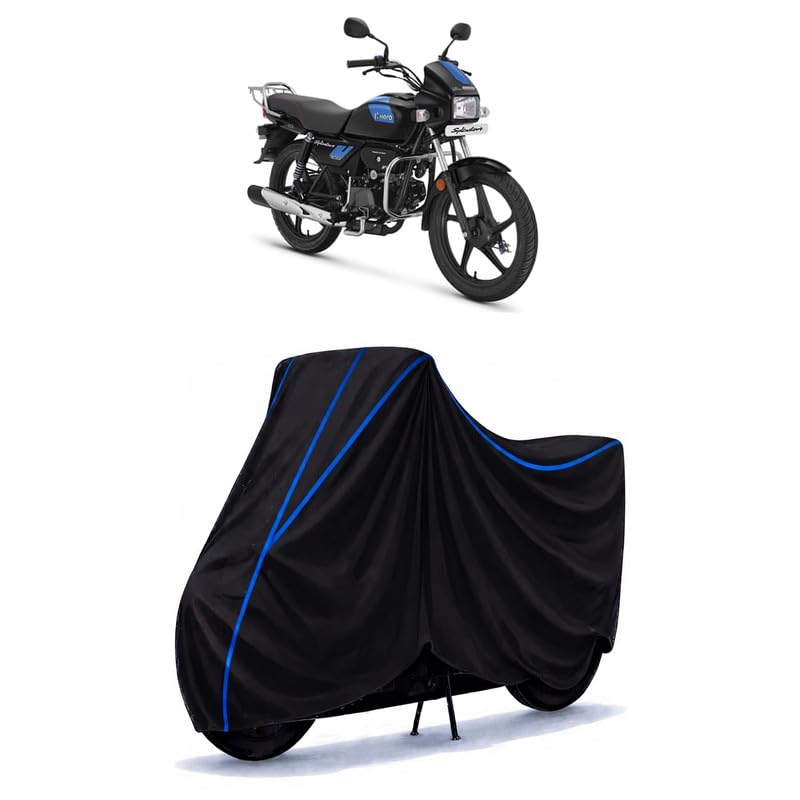 Image of Hero Splendor Plus Xtec Bike Cover Water Resistant Universal Motorcycle Rain | Heavy Duty UV Protection, Dust, Scratch Indoor Outdoor All Weather with Black Blue Piping Elastic