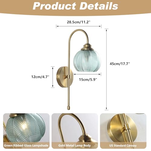 Image of KCO Lighting Brushed Gold Wall Sconce Light Set of 2 Vintage Green Glass Wall Sconce Modern Globe Bathroom Vanity Light Fixture for Stair Corner Hallway