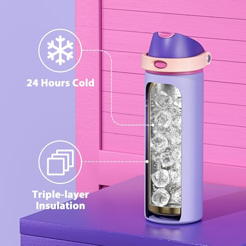 Image of 24 oz Insulated Water Bottle for Women: Meoky Stainless Steel Metal Water Bottle with 2-in-1 Straw and Spout Lid - Leak Proof, Cold for 24 Hours, Protective Silicone Base, BPA-Free for School, Orchid