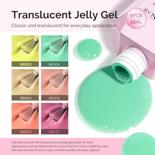 Image of MelodySusie Jelly Gel Nail Polish Set,6 Transparent Colors,Milky or Jelly Texture,Soft Candy Colors Soak Off UV LED Light Cure or Salon Manicure and Nail Art DIY at Home 15ML 0.3Fl Oz