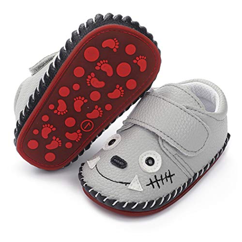 LAFEGEN Baby Boys Girls Walking Shoes Hard Bottom Non Slip PU Leather Outdoor Sneaker Infant Carton Slipper Toddler First Walker Crib Shoes(3-18 Months) 12-18 Months Toddler, 01 Grey Wolf
