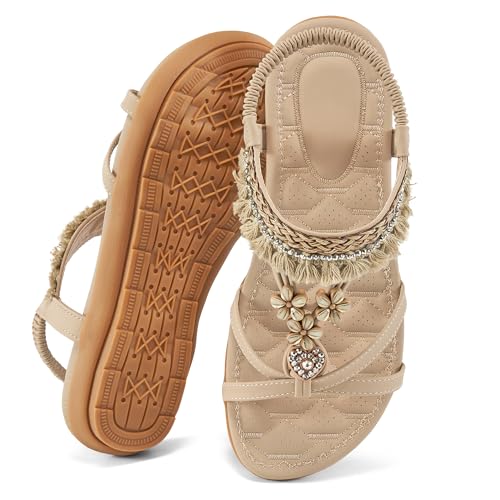 Image of Aomigoct Womens Sandals Comfortable Dressy: Summer Casual Flat Sandal for Walking - 2026 Cute Bohemian Shoes Elastic Ankle Strap