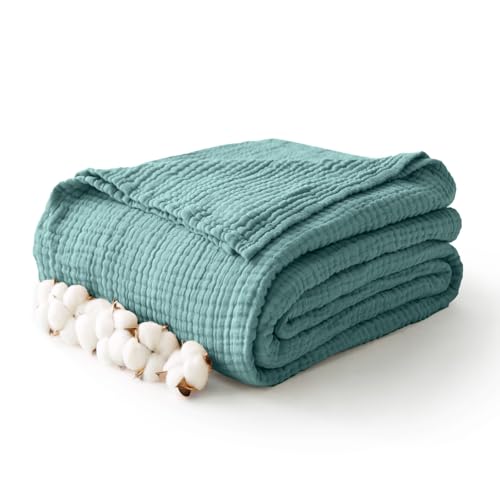 Image of 100% Cotton Muslin Blanket 40 inch x 40 inch, Breathable and Lightweight Cotton Throw Blankets, Soft Cooling Summer Gauze Blanket for All Season, Teal Blue