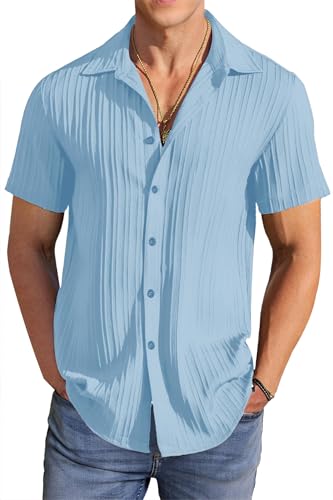 FILO HEVIS Men's Popcorn Textured Casual Stylish Shirt Half Sleeve. Sky-S