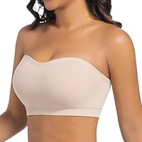 ONEW Strapless Bra for Women Non-Slip Silicone Bandeau Bra Seamless Wireless Tube Top Bralette,Beige,Large
