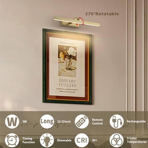 Image of Joosenhouse Battery Operated Picture Light Wireless Gallery Light with Remote Control Rechargeable Wall Lights Brass 15.35 inch Dimmable and Timed Off Wall Sconce Light