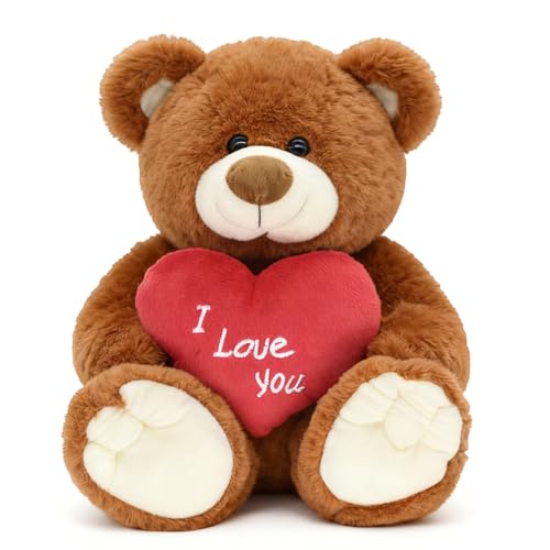 I Love You! 10'' Teddy Bear with Red Heart, Soft Plush Bear Doll Stuffed Animal Toys, Gifts for Her/Girlfriend Lover Mom Kids (Brown)