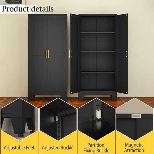 Image of Black Metal Storage Cabinet, 61 inch Steel Cabinets for Home Office | Kitchen Pantry Storage Cabinet with Doors and 3 Adjustable Shelves, Metal Tool Cabinet, for Office, Home, Garage, School