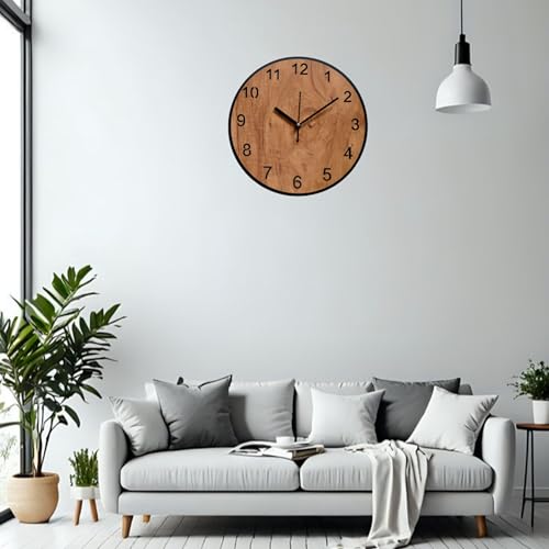 Image of Wooden Wall Clock for Living Room & Office - Classic Round Analog Ticking Decorative Clock 30.5CM