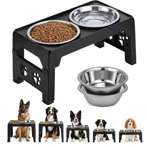 LALOBLUE Elevated Dog Bowls, Raised Dog Bowl with 2 Stainless Steel Dog Food Bowls, Dog Bowls Stand Adjusts to 5 Heights 2.95