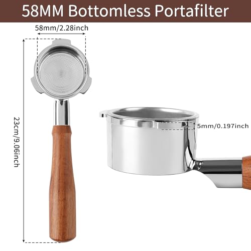 Image of 58mm Bottomless Portafilter for CASABREWS Ultra and Gevi ECMI0-SS0A1 | 5 mm Thick 3-Ear Design, with 58mm Puck Screen and 2 Cup Filter, Full Stainless Steel Filter Holder, Wooden Handle