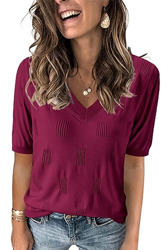 Image of Arach&Cloz Women's Lightweight Spring Summer Sweater Tops Casual Short Sleeve Blouses Shirts