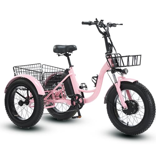 DHsdlpLU Triciclo Eléctrico para Adultos 3 Ruedas 20 Pulgadas Neumáticos Anchos Faro Delantero + Pantalla LCD + Cesta portaobjetos Trasera Asiento Ajustable Capacidad máxima : 150 kg Pink