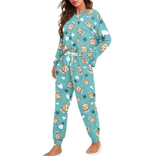 Image of Women's 2 Piece Printed Pajama Set Long Sleeve Sleepwear Set with Long Pants Casual Lounge Sets with Pocket