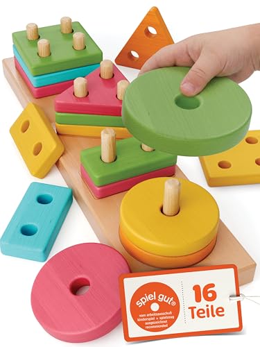 Merle Toys&reg; Steckspiel ab 1 Jahr, 4in1 Formen Sortierspiel ab 2 Jahre mit 16 Formen, Montessori Steckspiel Holz, Montessori Spielzeug 2 Jahre, Stapelspiel, Sortierspiel ab 1 Jahr, 100% Buchenholz