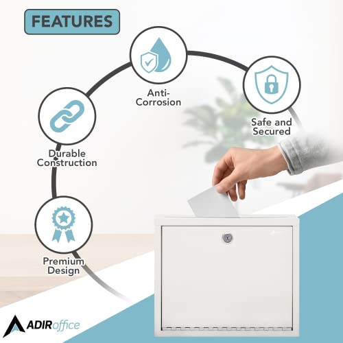 Adiroffice Multi Purpose Mail Box With Lock - Heavy Duty Drop Box - Commercial Suggestion Box -Wall Mountable Safe And Secure Ballot Box - 3" X 10" X 12" -White #TOP5
