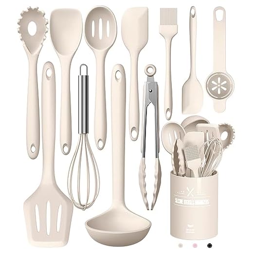 Juego de utensilios de cocina, 12 piezas, de silicona, resistentes al calor, con soporte para utensilios, antiadherente, apto para lavavajillas, color caqui
