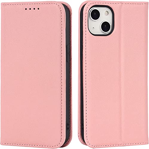 Étui en cuir véritable iPhone 13 rose avec rangements cartes et protection anti-choc chic