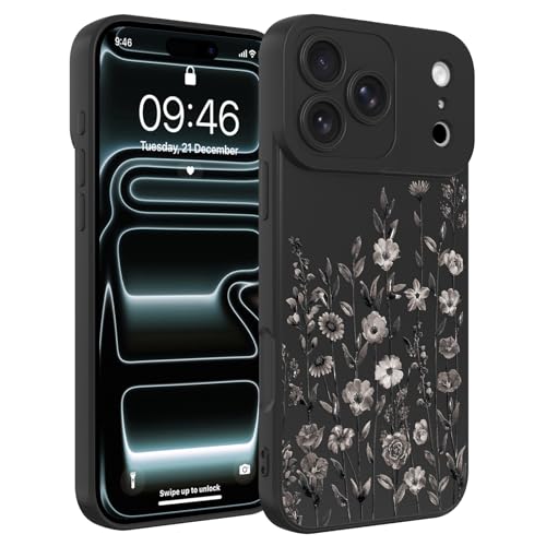 Image of Designed for iPhone 17 Pro Case, Cute Flower Floral Pattern Liquid Silicone Phone Case, Slim Soft TPU Protective Cover for Women Girls, Black