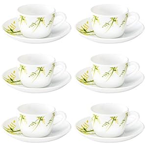 Larah By Borosil - Green Hub (LH) Cup and Saucer Set, 145ml, 12-Pieces, White, Opalware