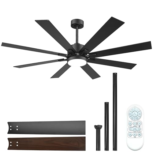 Image of hykolity 72 Inch Modern Flush Mount Large Black Ceiling Fan with Light
