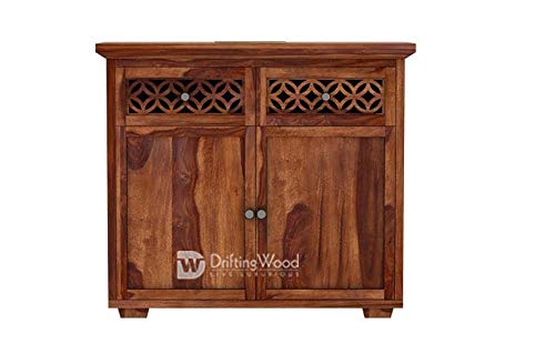 Image of DRIFTINGWOOD Solid Sheesham Wood Sideboard Tv Cabinet for Living Room | Free Standing Movable Tv Unit Side Board Table with 2 Drawer & 2 Door Cabinet Storage Furniture for Home | Teak Brown Finish