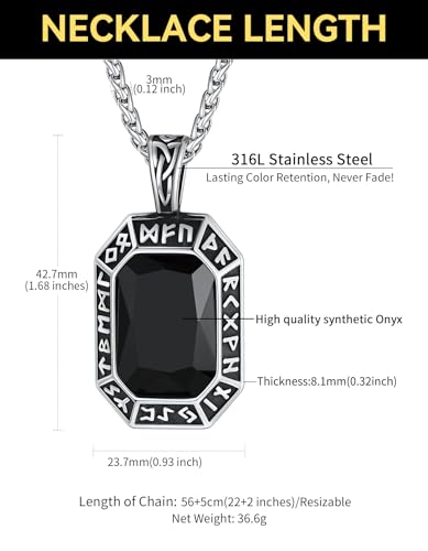 Image of ChainsHouse Viking Rune Pendant Necklace for Men Women, Punk Biker Black Metal /316L Stainless Steel Onyx Norse Vintage Amulet Necklaces with Black /Red /Green /Blue Gemstone, Send Gift Box