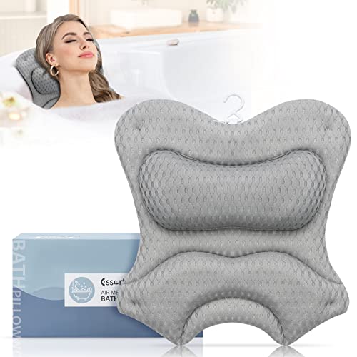 Essort Bath Pillow for Tub 4D Soft Bathtub Pillow with Strong Suction Cups Spa Bath Pillow for Head, Neck and Should Support Luxury Bathtub Cushion Fits All Bathtub, Home Spa Greyâ€¦