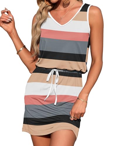 Image of AUSELILY Womens Summer Sleeveless V-Neck Drawstring Waist Beach Cover up Mini Short Swing Dresses with Pockets