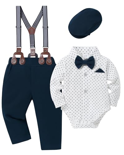 Image of YALLET Baby Boy Clothes Set Infant Tuxedo Long Sleeve Gentleman Suit Outfits + Beret Hat + Suspender Pants + Bowtie 0-18M