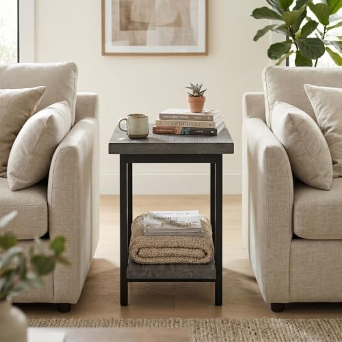 Image of Alaterre Furniture Pomona Solid Wood 2-Tier End Table, Slate Grey, 27 inch | Side Table or Nightstand with Storage Shelf and Metal Legs, Industrial Farmhouse Chair Side Table for Living Room or Bedroom