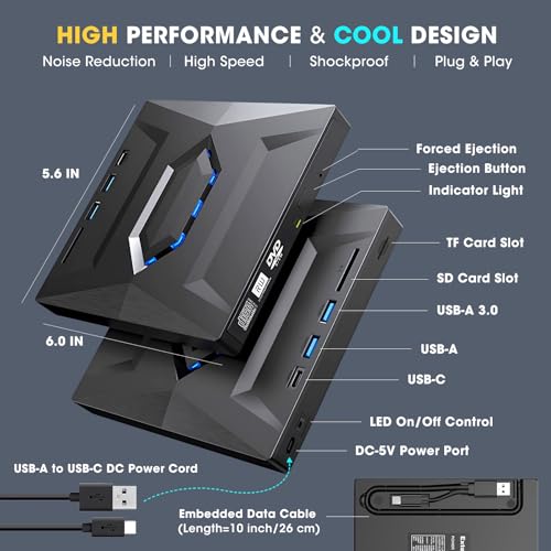 Image of ROOFULL External CD DVD Drive with USB 3.0 Type-C Hub & SD Card Reader | 7 in 1 Portable CD /DVD ROM + /-RW Drive Burner Player Writer for Laptop Desktop PC Mac Windows 11 /10 /7 Linux