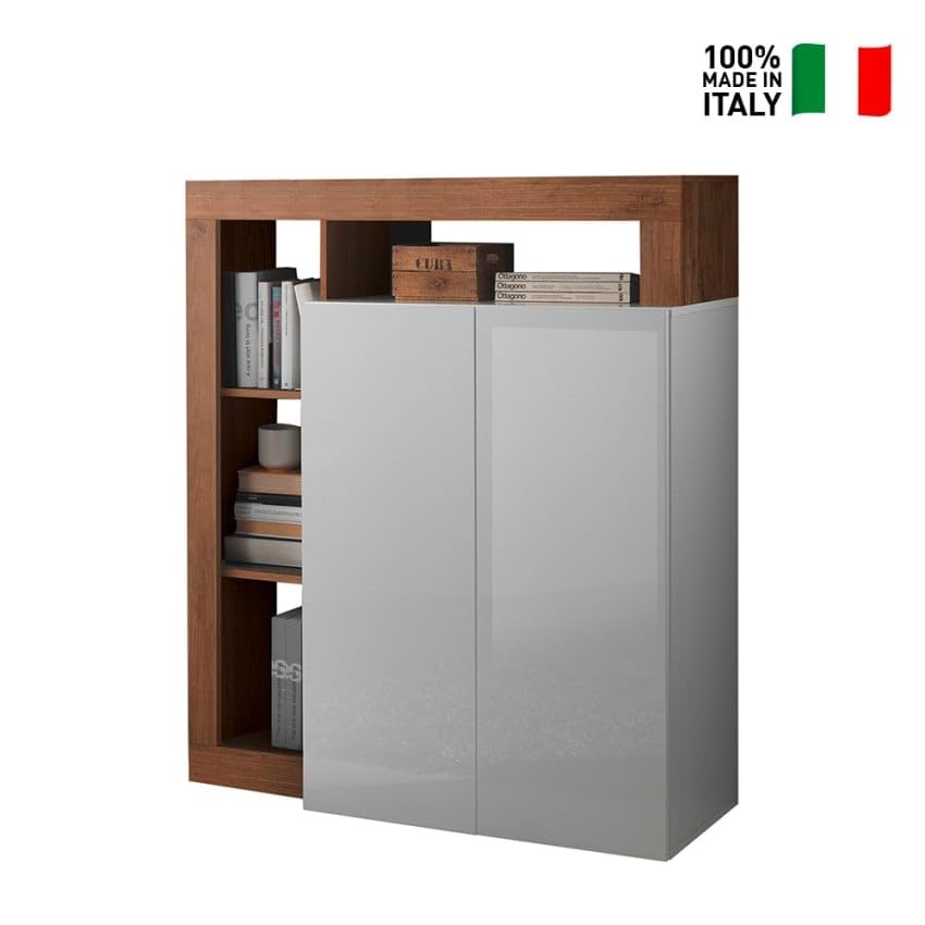 Buffet haut meuble cuisine 2 portes blanc brillant bois noyer Blume MR