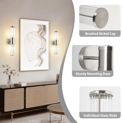 Image of Dual Sconce Vanity Set of 2, Brushed Nickel Wall Light with Clear Glass Rods Shape, Industrial Vanity Lighting for Bathroom Mirror and Modern Bedroom