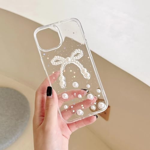 Image of COVERLY for iPhone 15 Pro Max 3D Luxury Pearl Bow Resin Phone Case,Trendy Translucent Cute Hard Epoxy Art Crystal Clear -Non Yellowing Love Heart Pearl Princess Cover for Apple iPhone 15 Pro Max