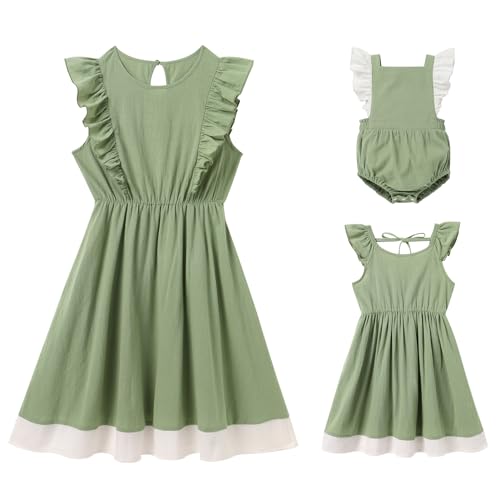 AWIBMK Mommy and Me Color Contrast Flutter Sleeve Ruffle Dress Summer Elastic Waist Casual Mom Daughter Matching Outfits