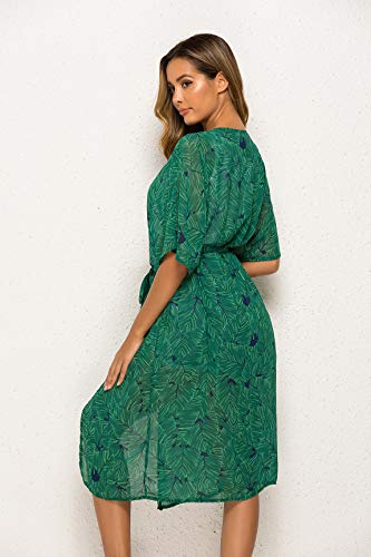 Kimonos for Women Boho Style with Belts Open Front Beach Cover-Ups Chiffon Jacket Resort Wear Beach Wear (Green, Medium)